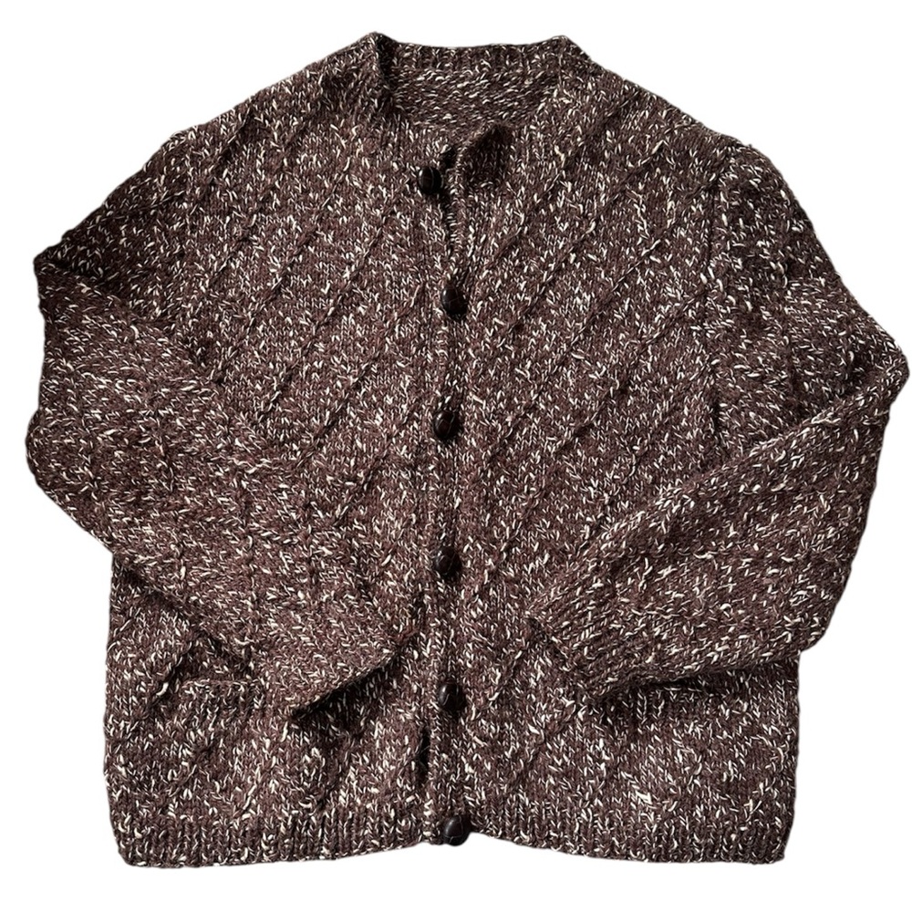 Hand Knit Textured Raised Argyle Pattern Wool Buttoned Cardigan